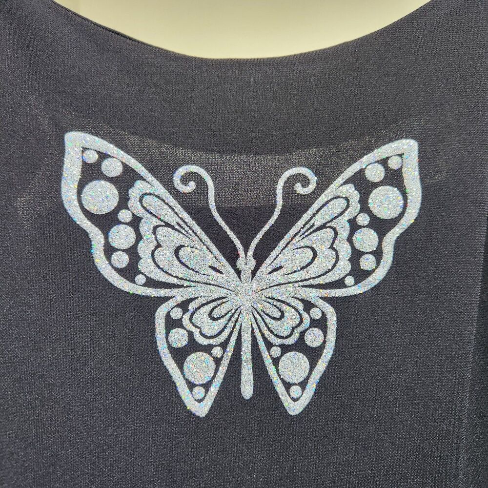 Vtg Early 2000s/Y2K Black Mini Dress Glitter Butterfly Sz L Fairycore Coachella - Picture 2 of 5